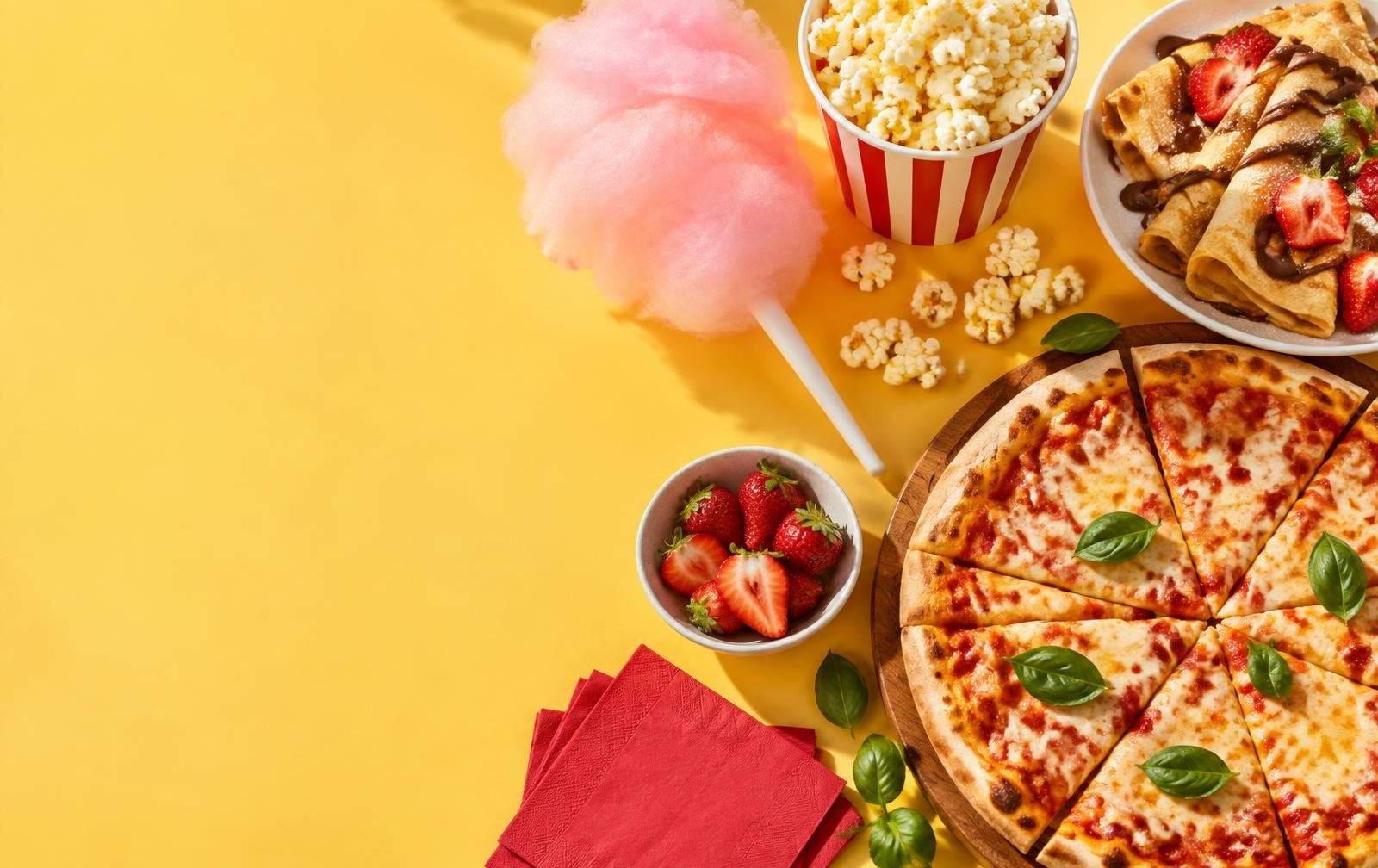 Illustrative party spread of cotton candy, popcorn, crepes and pizza