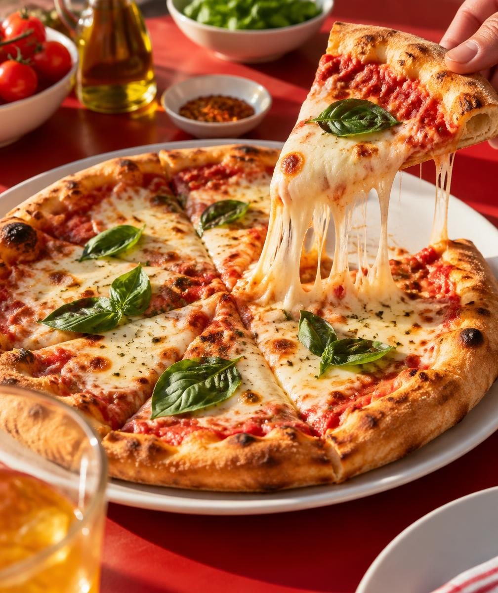 Illustrative pizza with a slice being lifted